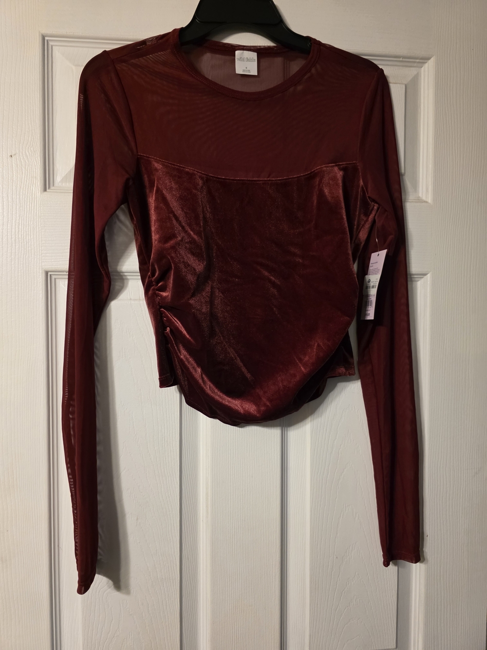 wild fable Burgundy Velvet & Mesh Long Sleeve Top